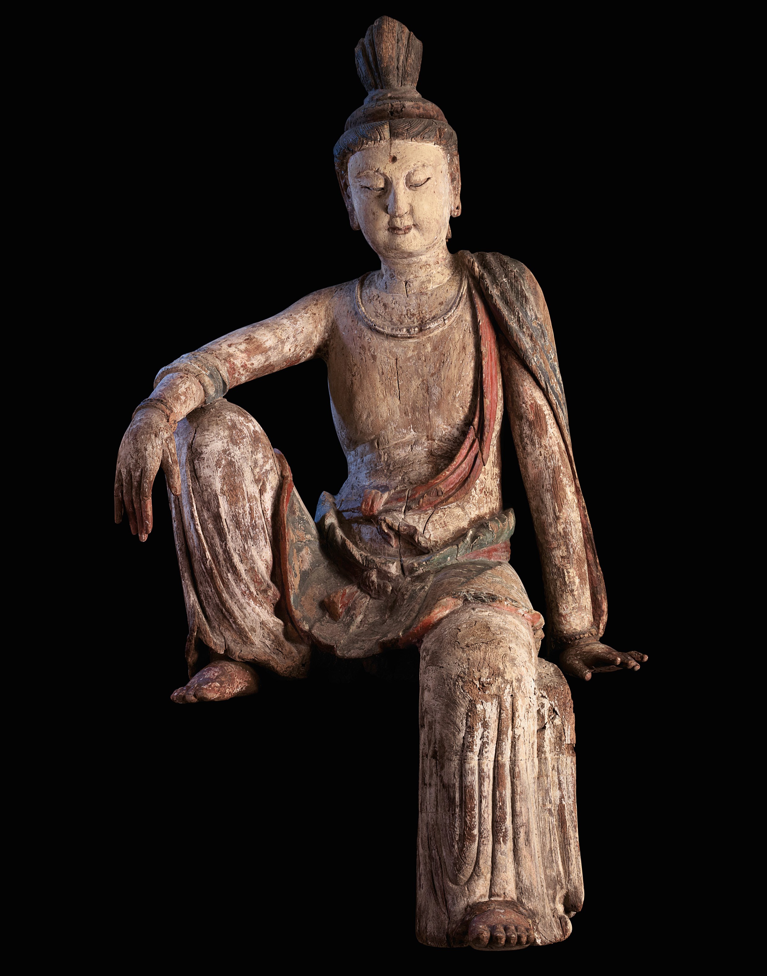 AN IMPORTANT LARGE POLYCHROME WOOD FIGURE OF THE WATERMOON GUANYIN