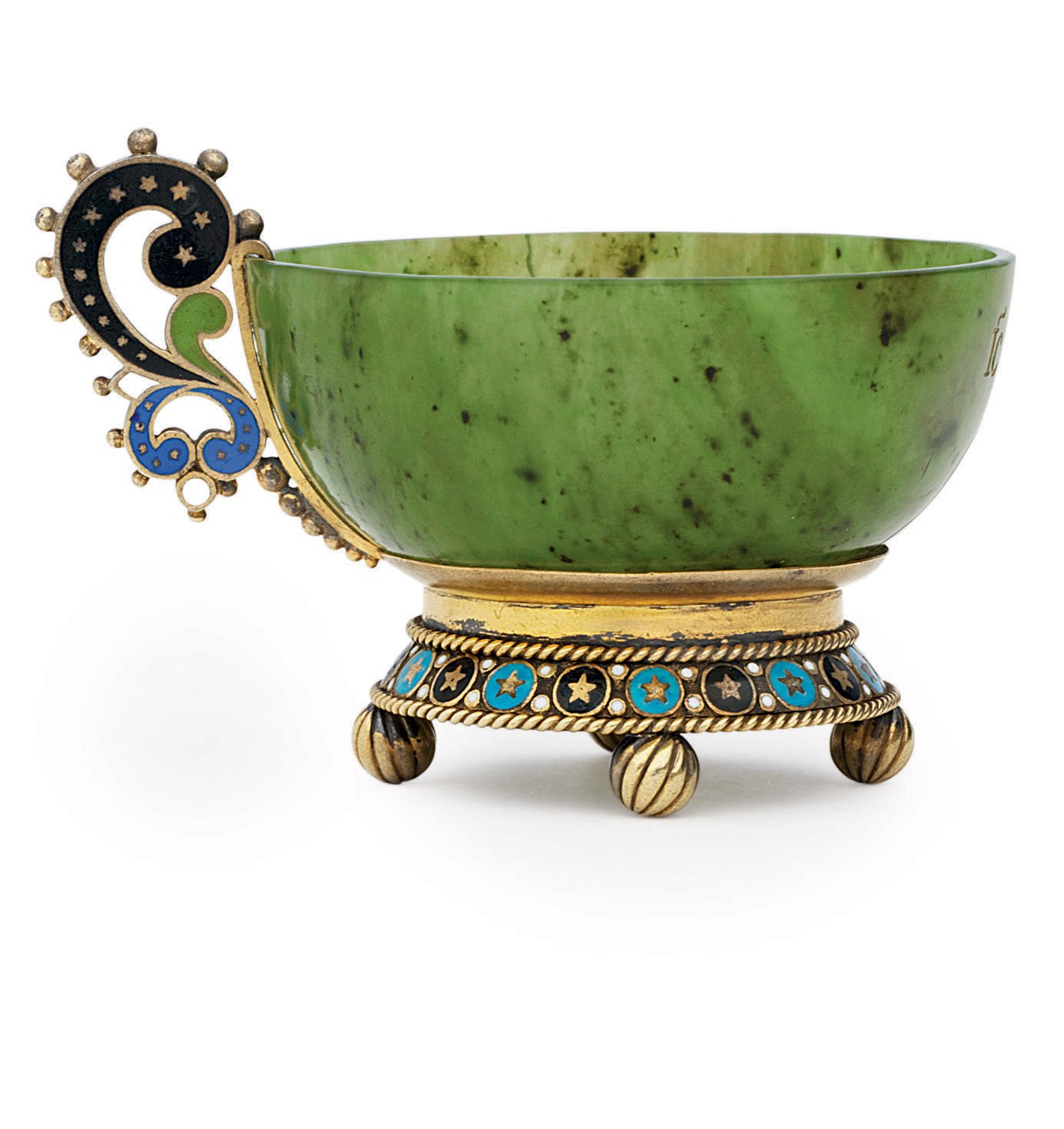 A silver-gilt and champlevé enamel-mounted nephrite charka