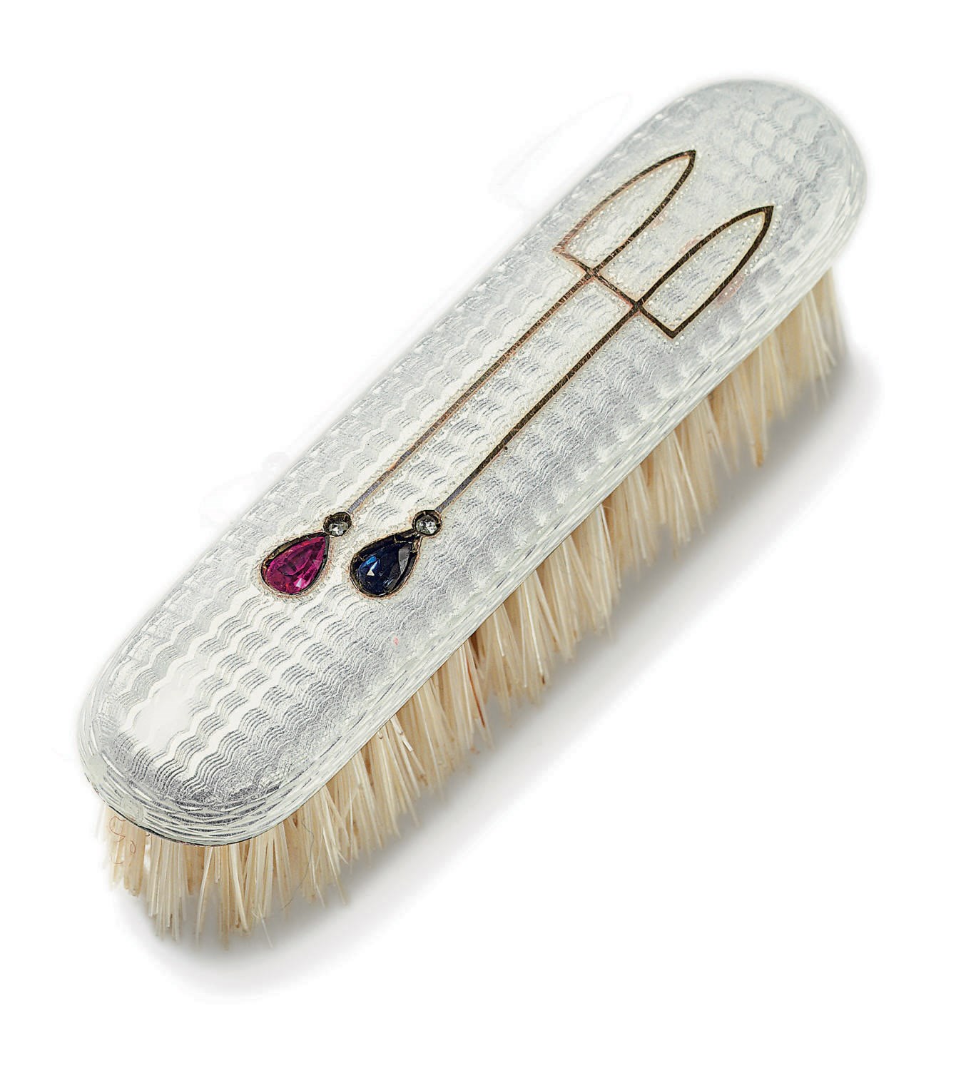 A Jewelled Gold-Mounted Guilloché Enamel Moustache Brush
