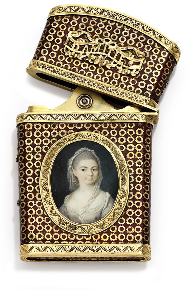 A CONTINENTAL ROCOCO GOLD-MOUNTED LACQUER CARNET-DE-BAL SET WITH A PORTRAIT MINIATURE