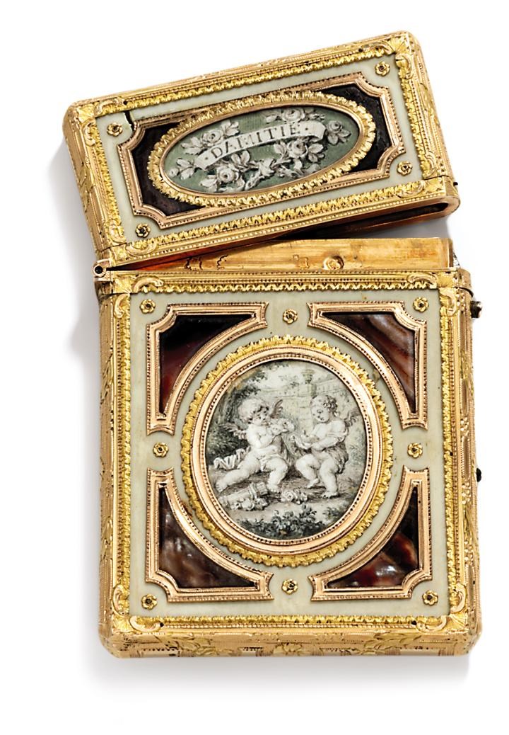 A LOUIS XV TWO-COLOUR GOLD-MOUNTED IVORY, ENAMEL AND SHELL CARNET-DE-BAL SET WITH MINIATURES