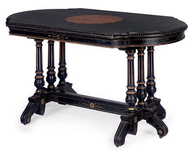A MID-VICTORIAN MAHOGANY EBONISED, AMBOYNA AND PARCEL-GILT CENTRE TABLE