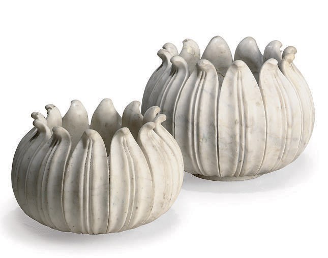 TWO INDIAN MARBLE LOTUS-LEAF GARDEN POTS