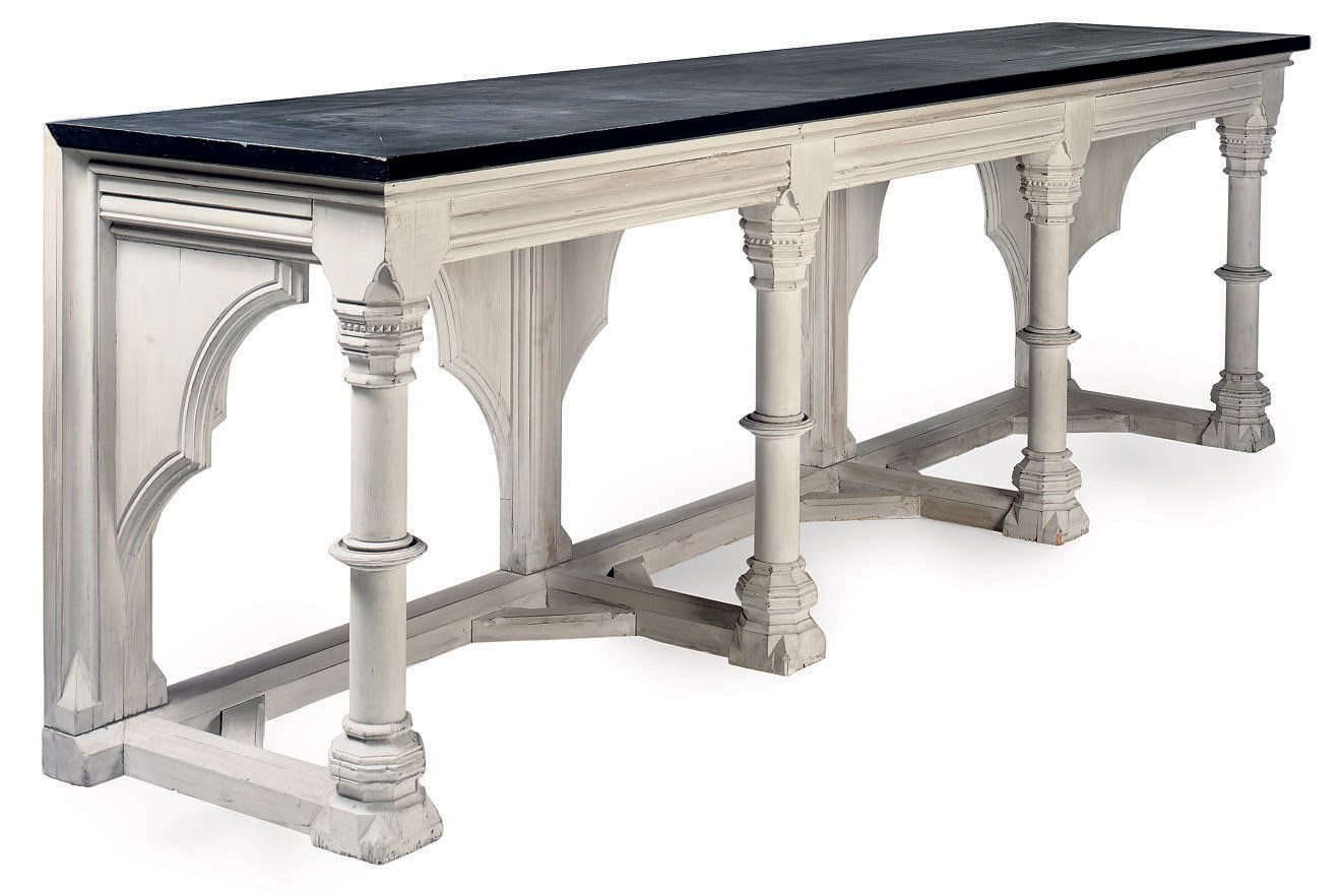 A LARGE PAINTED WOOD CONSOLE TABLE