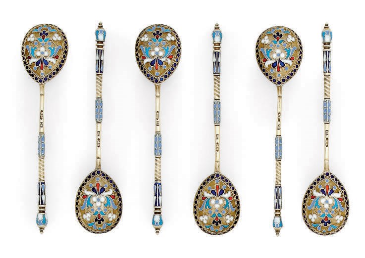 A SET OF SIX RUSSIAN SILVER-GILT AND CLOISONNE ENAMEL LEMON-TEA SPOONS