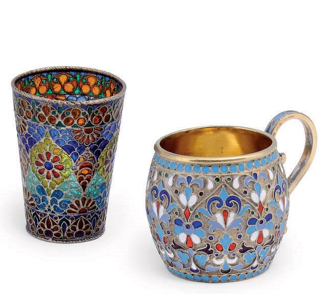A RUSSIAN SILVER-GILT AND CLOISONNE ENAMEL CHARKA