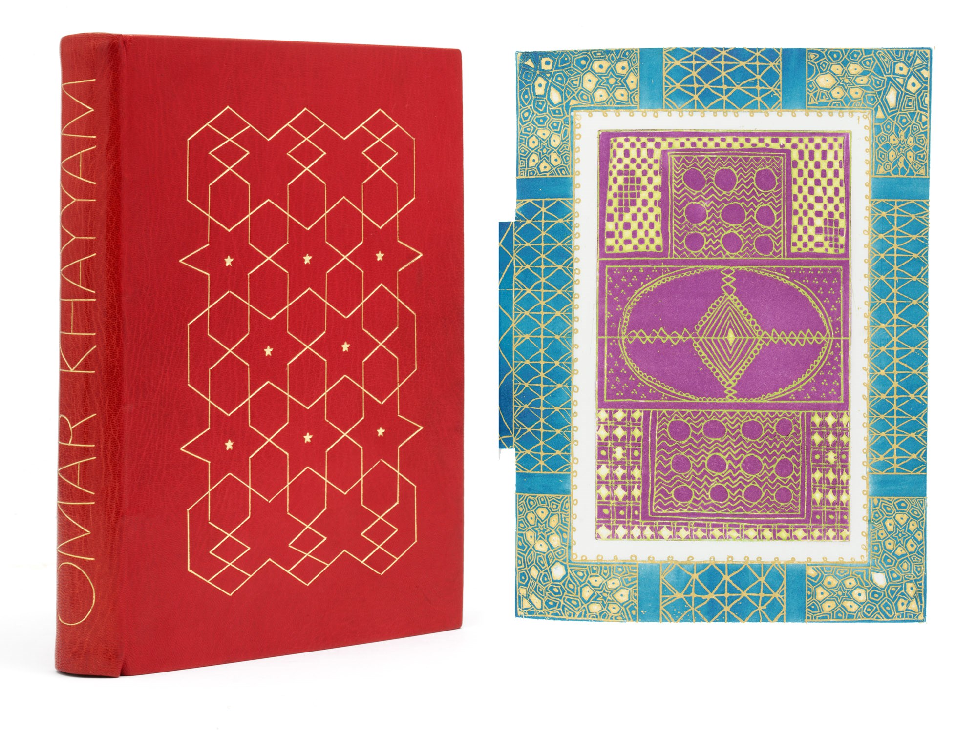 ALLIX, Susan -- KHAYYAM, Omar. Rubaiyat. Translated by Edward Fitzgerald. London: Susan Allix, 1973. 2° (260 x 200mm). 27 copper etched designs printed in various colours, many full-page, some double-page including some borders and vignettes. Red morocco by Susan Allix, upper side with a gilt lattice-work design, spine lettered in gilt, red cloth slipcase.