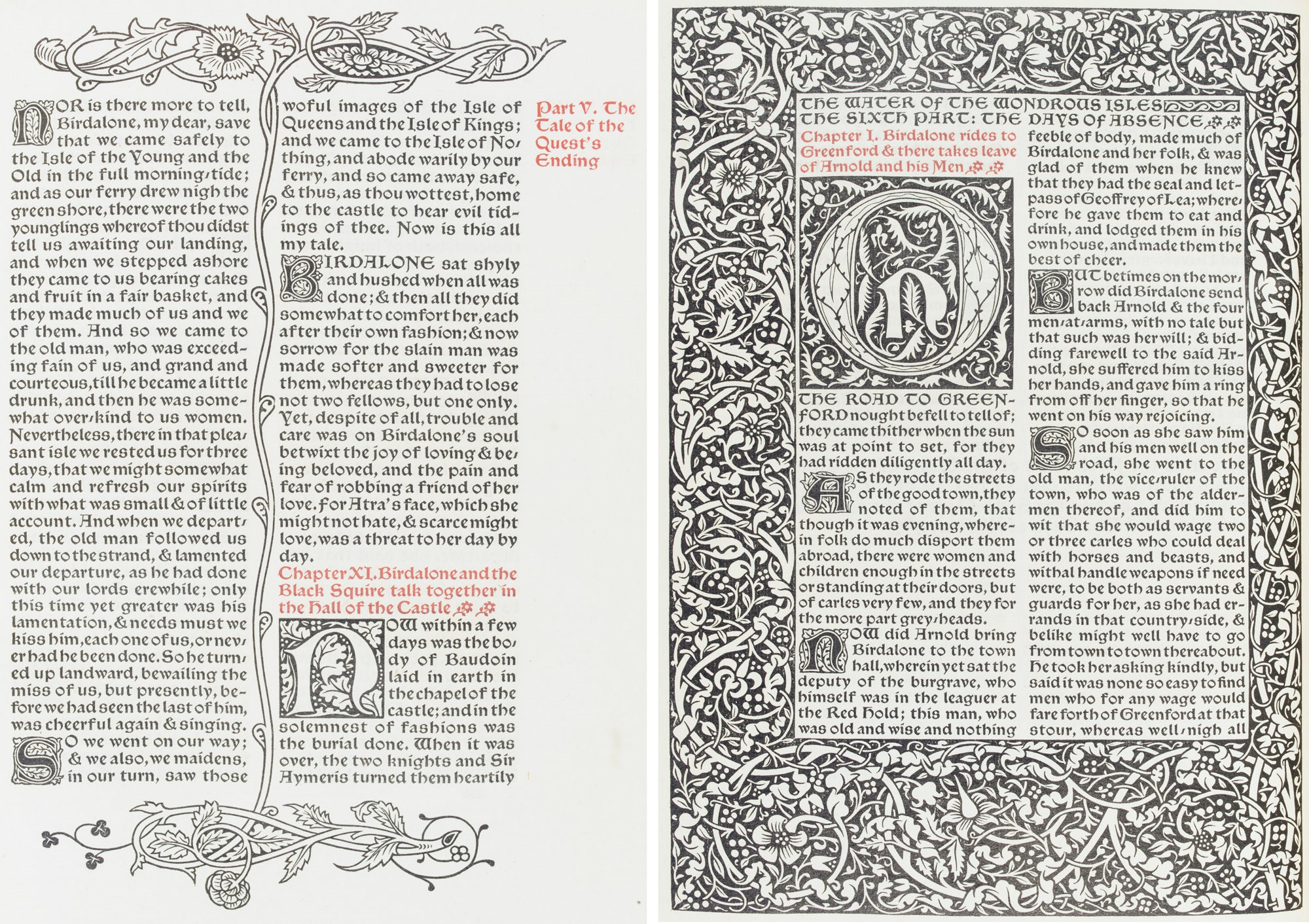 KELMSCOTT PRESS -- MORRIS, William. The Water of the Wondrous Isles. Hammersmith: The Kelmscott Press, 1897. Tall 8° (285 x 205mm). Printed in Chaucer type in black and red, the book headings in Troy type, in double columns. Seven leaves with full woodcut borders, woodcut initial capitals, woodcut foliate and floral border ornaments. Original limp vellum, spine gilt-lettered, silk ties (light spotting on the edges).
