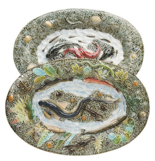 TWO LARGE FRENCH PALISSY-STYLE FAIENCE TROMPE L'OEIL OVAL DISHES,