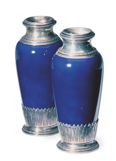 A PAIR OF SMALL SEVRES STYLE SILVER MOUNTED SEVRES STYLE COBALT BLUE GROUND VASES,