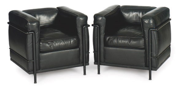 A PAIR OF ENAMELED METAL AND BLACK-LEATHER 'LC2' CHAIRS,