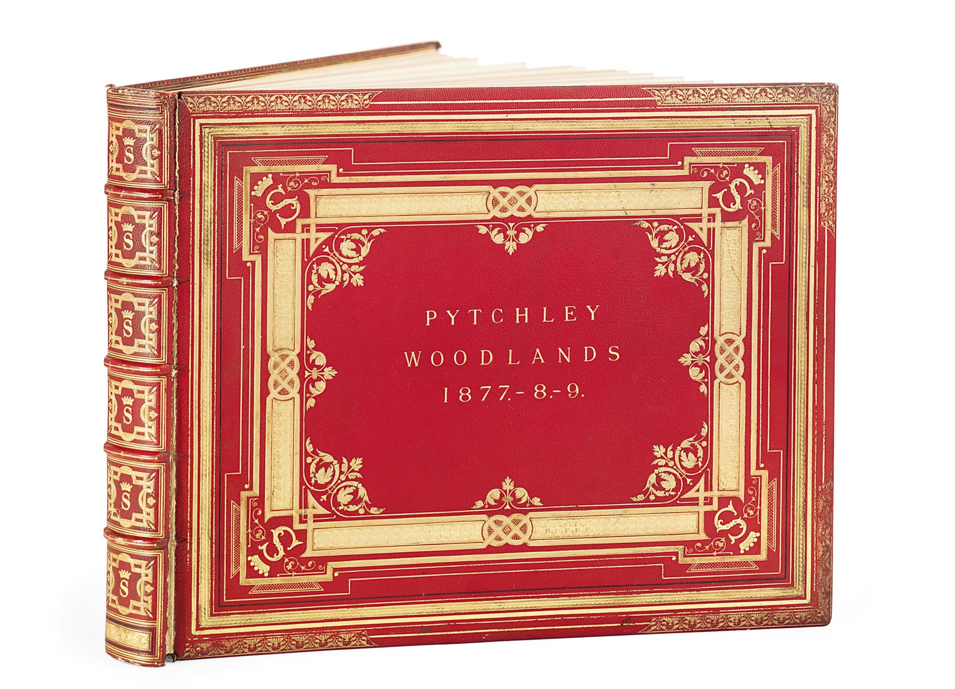 PYTCHLEY HUNT -- A commemorative album of photographs presented to John, 5th Earl Spencer, by his hunting party. c.1879. Oblong folio (414x515 mm). 15 photographic prints (c. 200x260 mm), window-mounted on card with richly gilt frames incorporating a semée of crests specific to the building shown. (A few plates with some spotting.) Red morocco gilt by Birdsall & Son, with stamp, the sides gilt with a broad frame incorporating corner tools with the Spencer cypher, gilt turn-ins and vellum doublures, the pasted-downs with a framed semée of Spencer cyphers, gilt edges (the front joint split, corners lightly rubbed). Provenance: John Poyntz, 5th Earl Spencer (printed dedication)