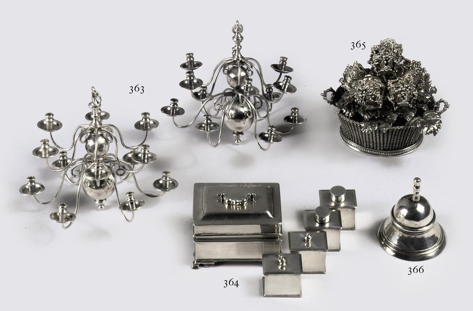 A pair of Dutch silver miniature twelve-light chandeliers