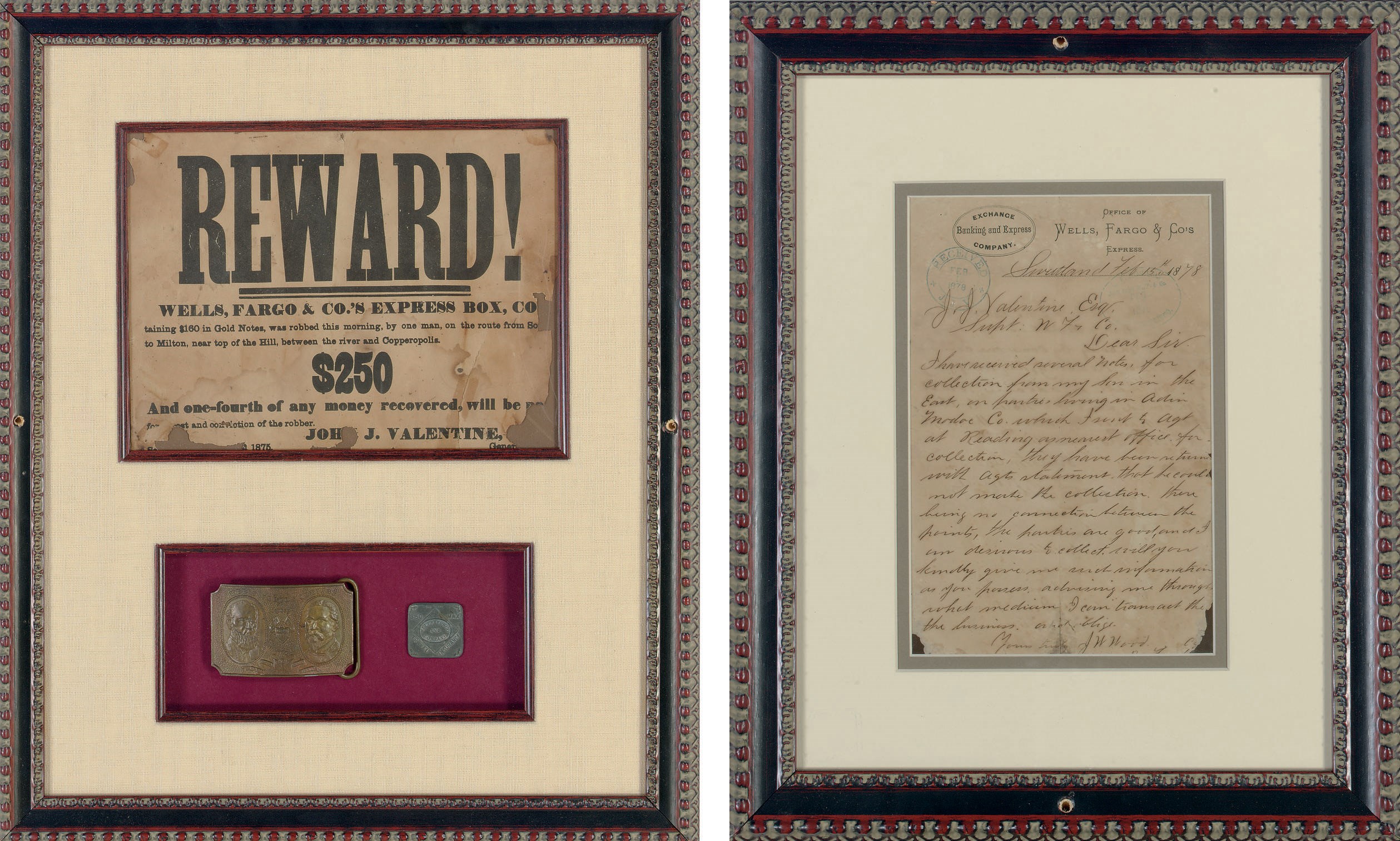 TWO FRAMED WELLS FARGO ARTIFACTS