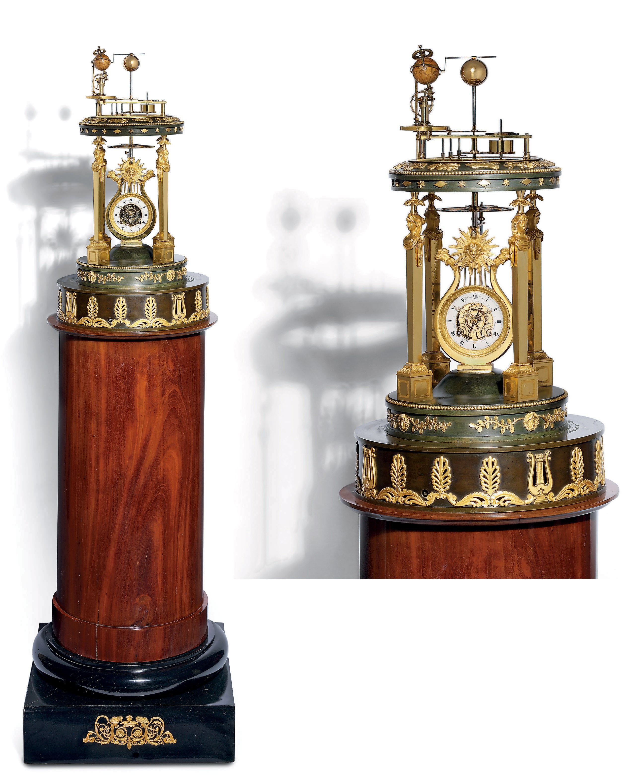 AN EMPIRE ORMOLU, PATINATED BRONZE AND MAHOGANY STRIKING AND MUSICAL ORRERY CLOCK