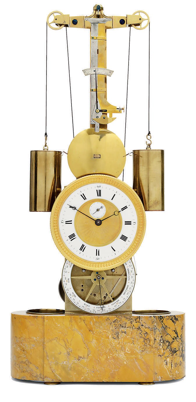 A FRENCH ORMOLU, BRASS AND SIENA MARBLE STRIKING MONTH-GOING WEIGHT-DRIVEN SKELETON CLOCK