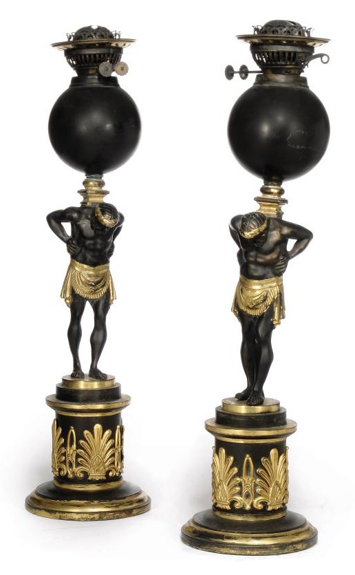 A PAIR OF BRONZE TABLE LAMPS