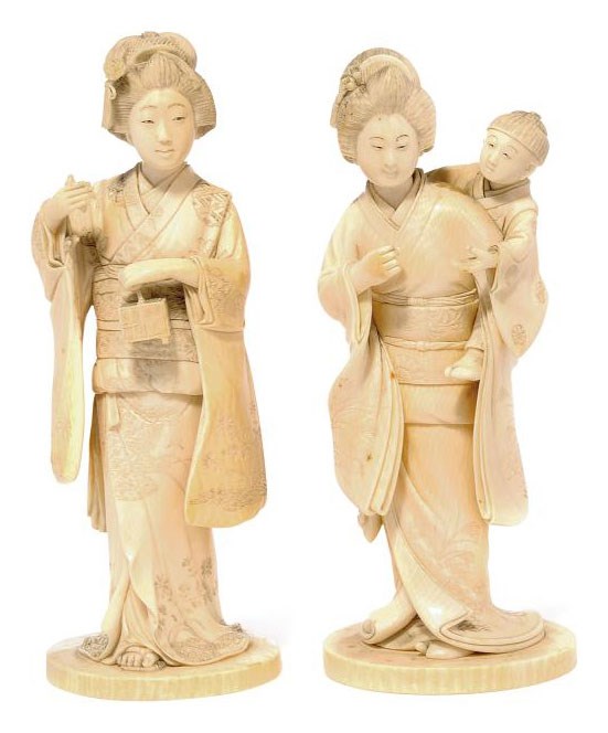 TWO JAPANESE IVORY OKIMONO OF LADIES, BOTH SIGNED