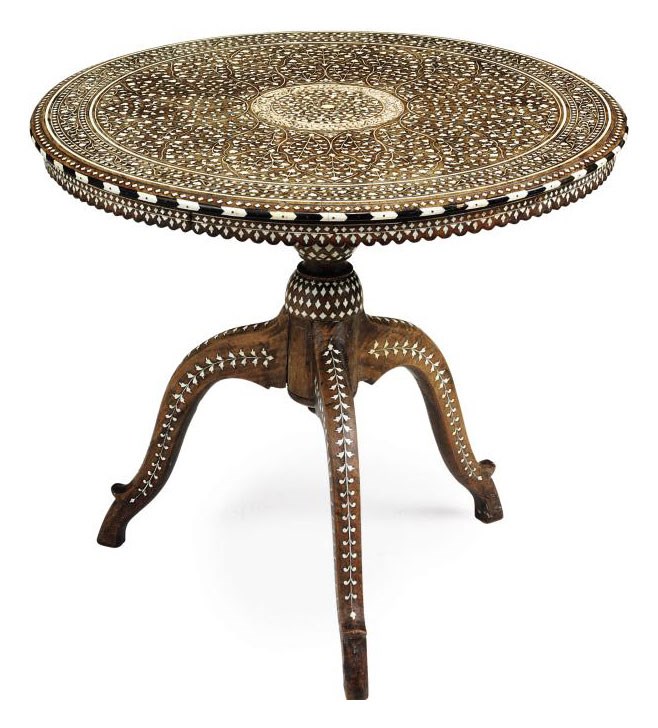AN INDIAN HARDWOOD AND IVORY INLAID OCCASIONAL TABLE