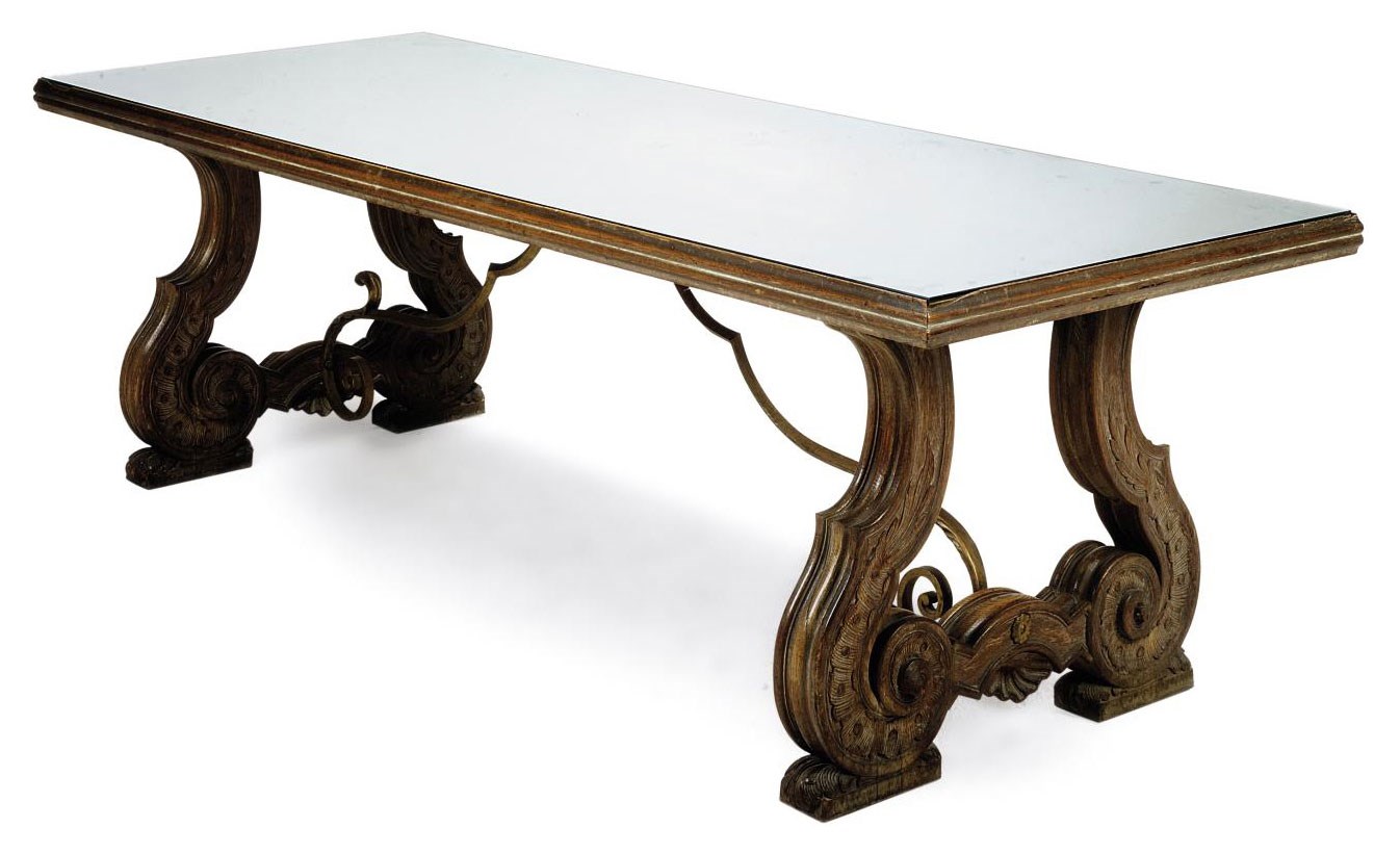 A LIMED OAK AND WROUGHT-IRON MOUNTED REFECTORY TABLE