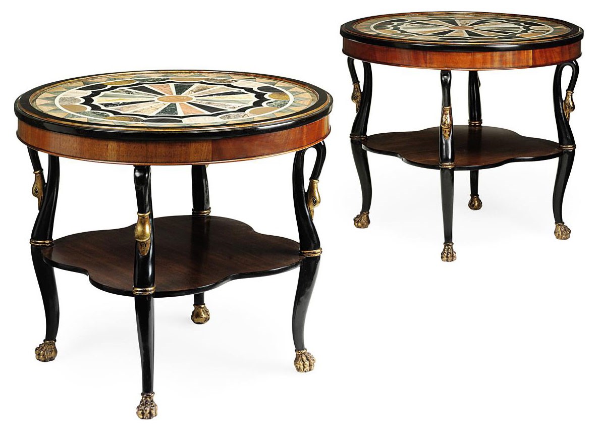 A PAIR OF MAHOGANY, PARCEL-GILT AND SPECIMEN-STONE MOUNTED CENTRE TABLES
