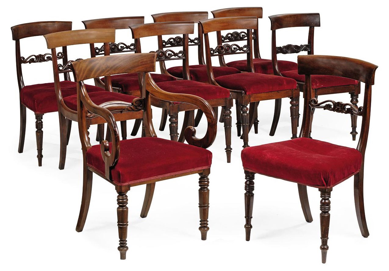 A MATCHED SET OF TEN GEORGE IV MAHOGANY DINING CHAIRS