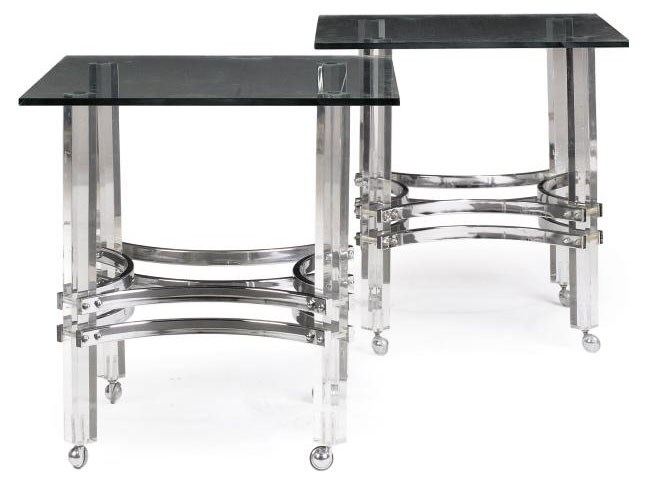 A PAIR OF LUCITE AND SILVERED METAL MOUNTED OCCASIONAL TABLES
