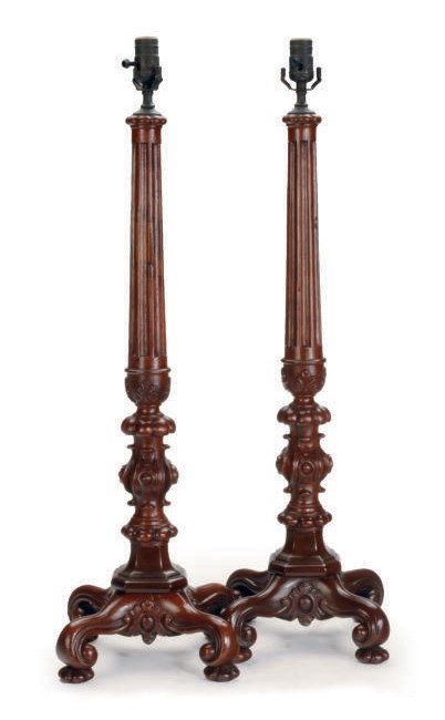 A PAIR OF MAHOGANY TABLE LAMPS,