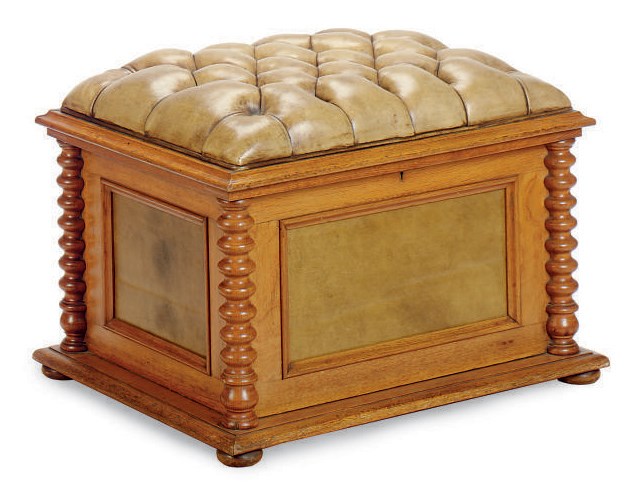 AN EARLY VICTORIAN BUTTON-TUFTED OLIVE GREEN LEATHER UPHOLSTERED OAK OTTOMAN,