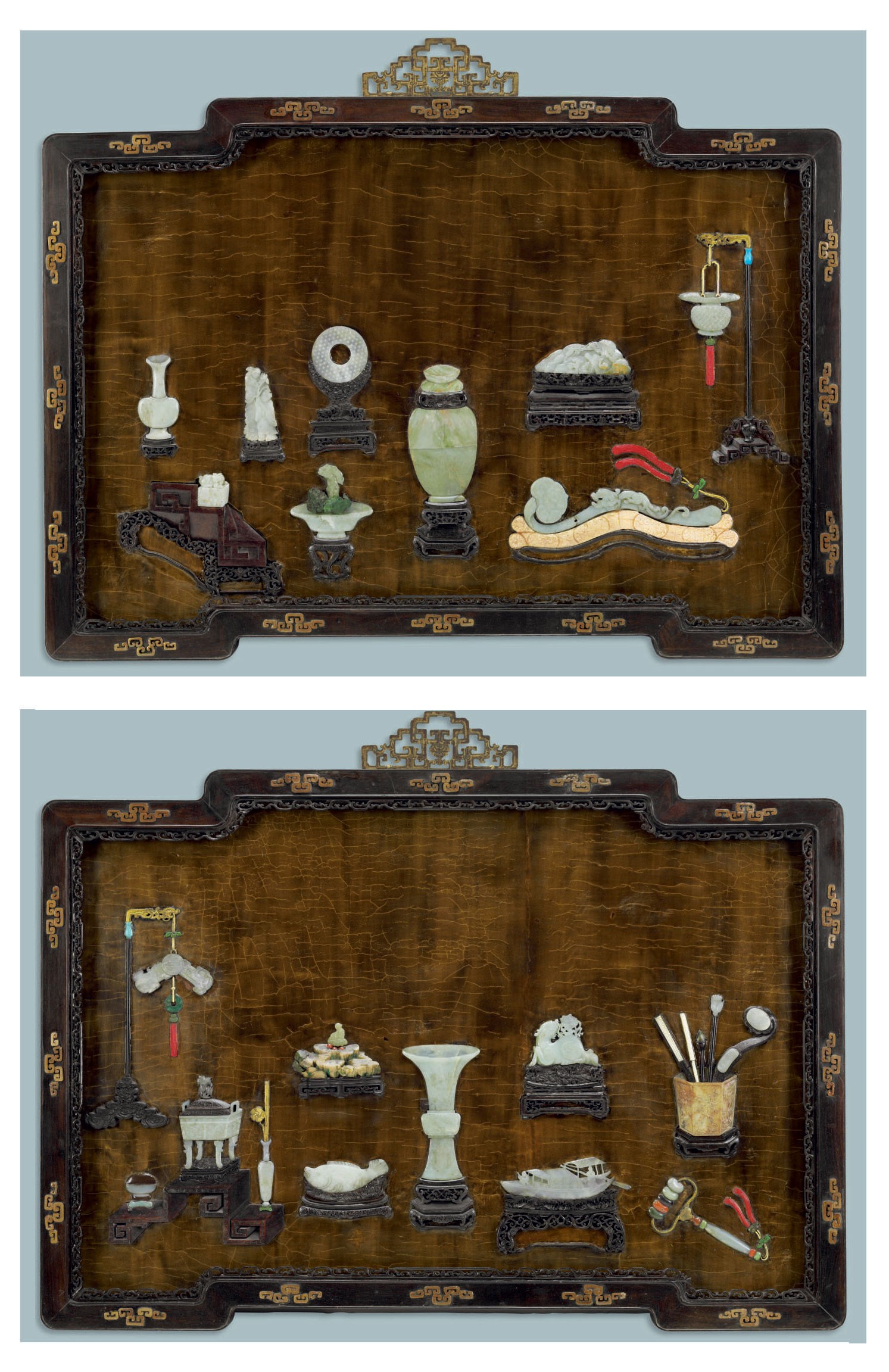 A PAIR OF EMBELLISHED ZITAN-VENEERED WALL PANELS