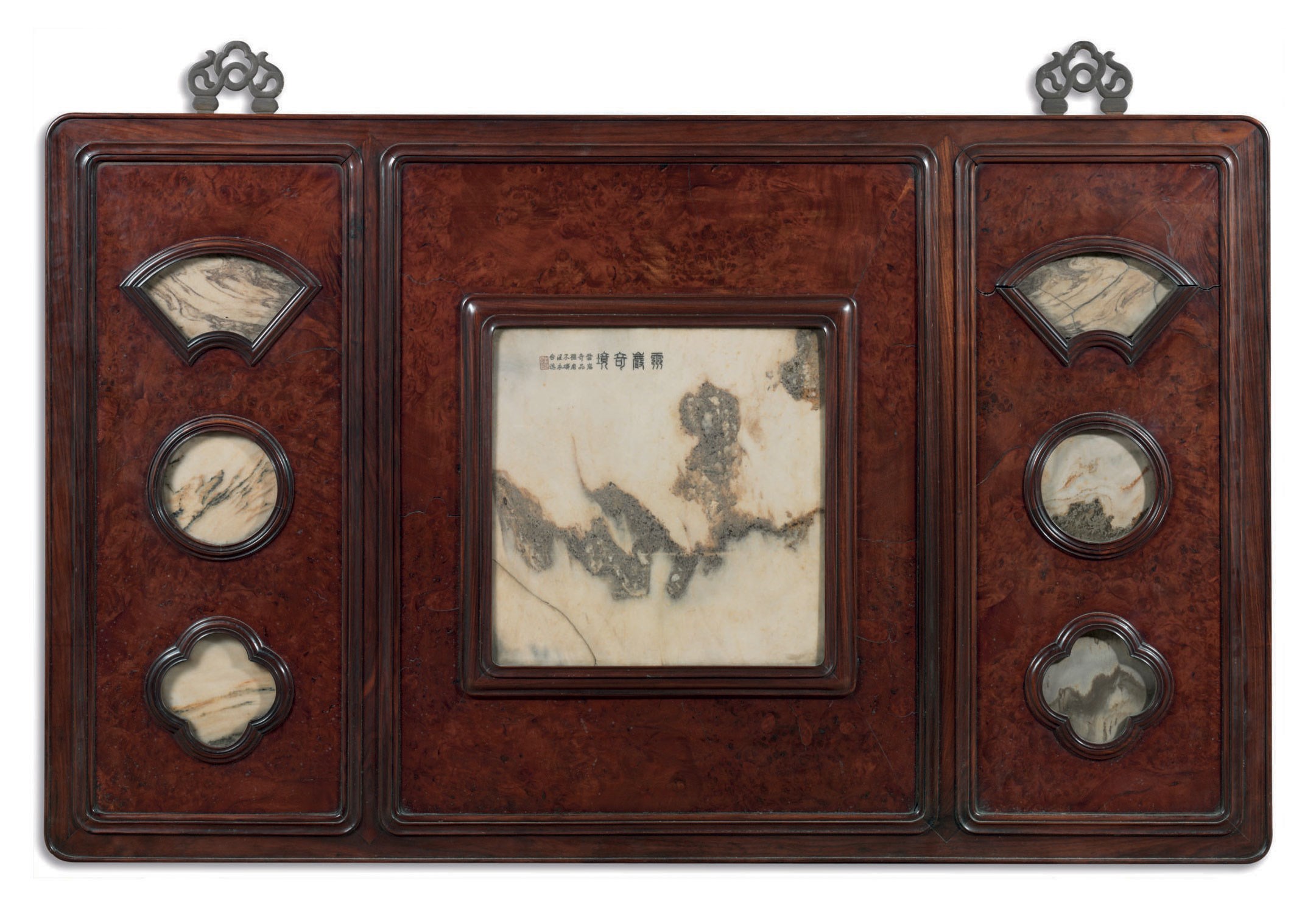 A LARGE MARBLE-INLAID HONGMU AND HUAMU WALL PANEL