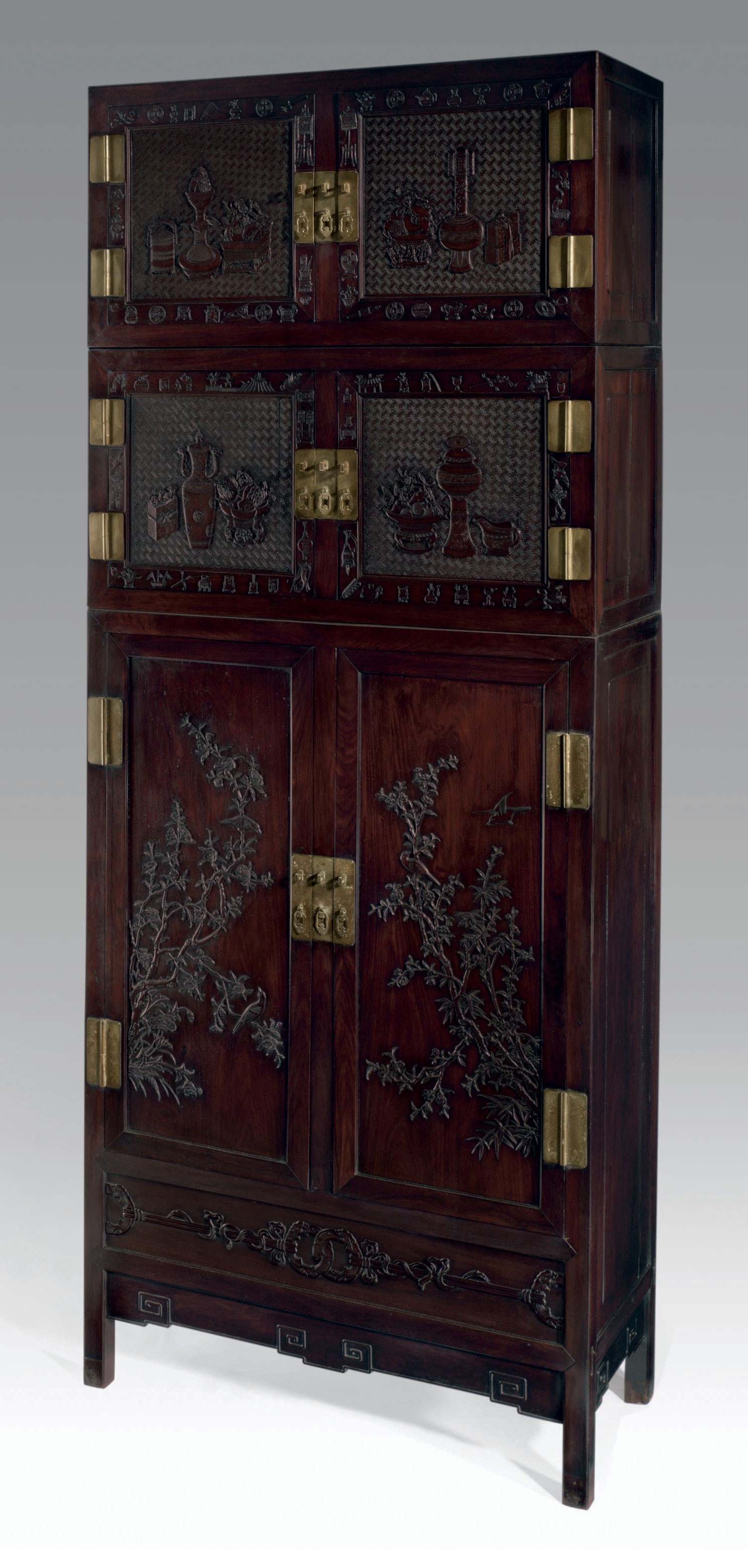 A MASSIVE HONGMU COMPOUND CABINET AND TWO HATCHESTS, SIJIANGUI