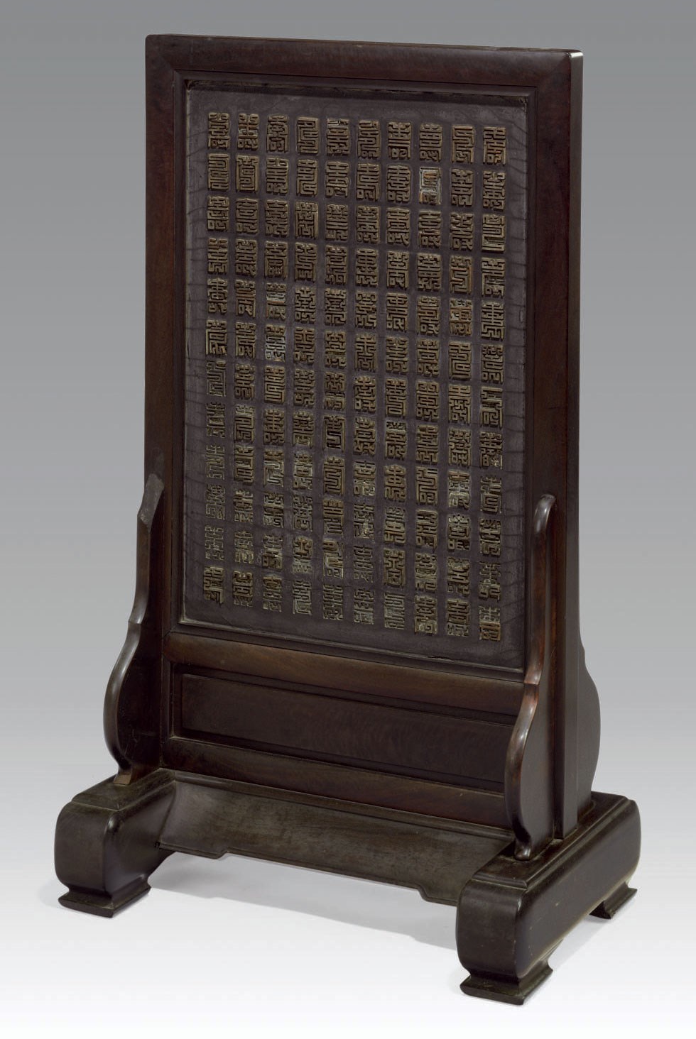AN UNUSUAL EMBELLISHED ZITAN-VENEERED FLOOR SCREEN
