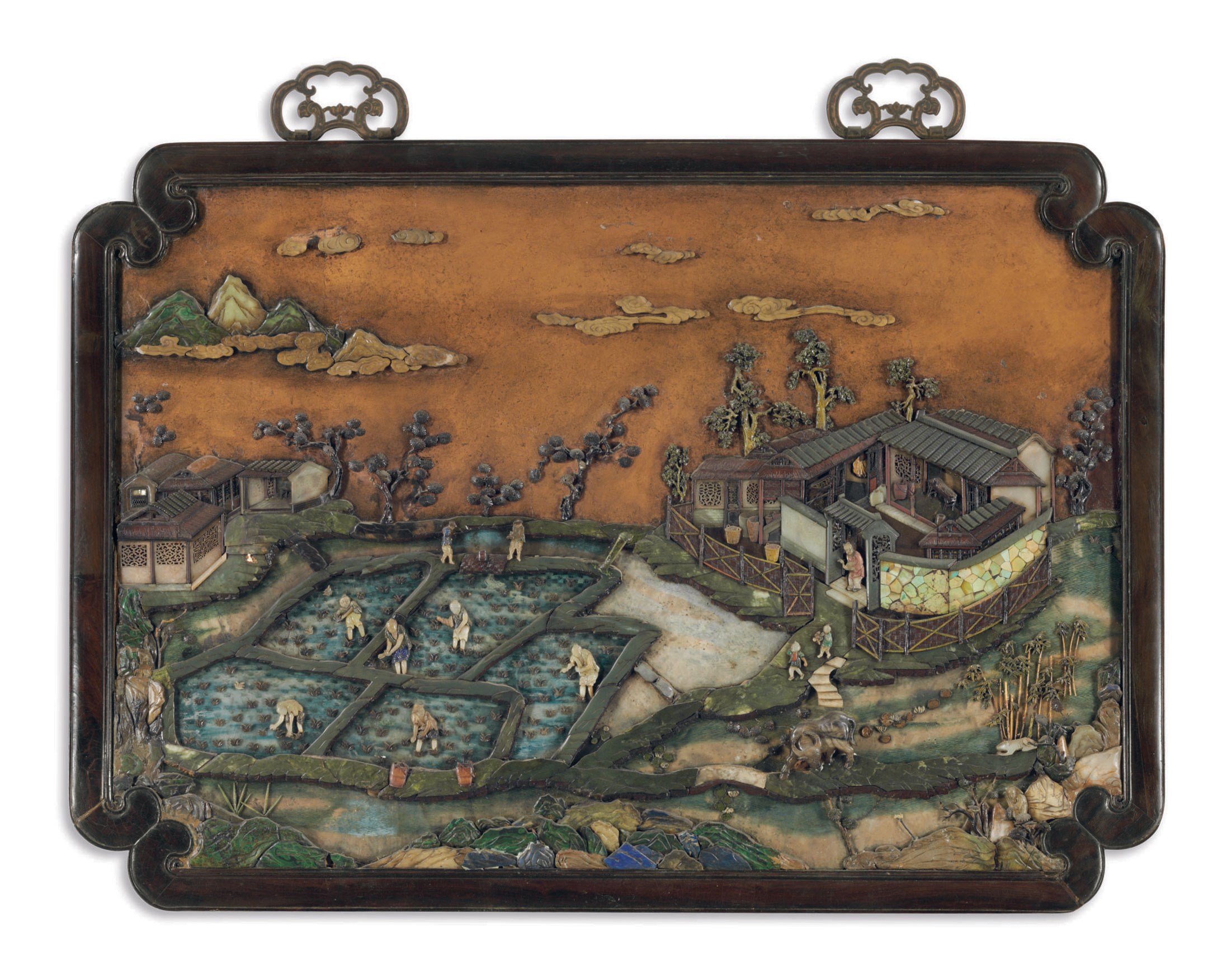 A LARGE EMBELLISHED ZITAN-VENEERED WALL PANEL