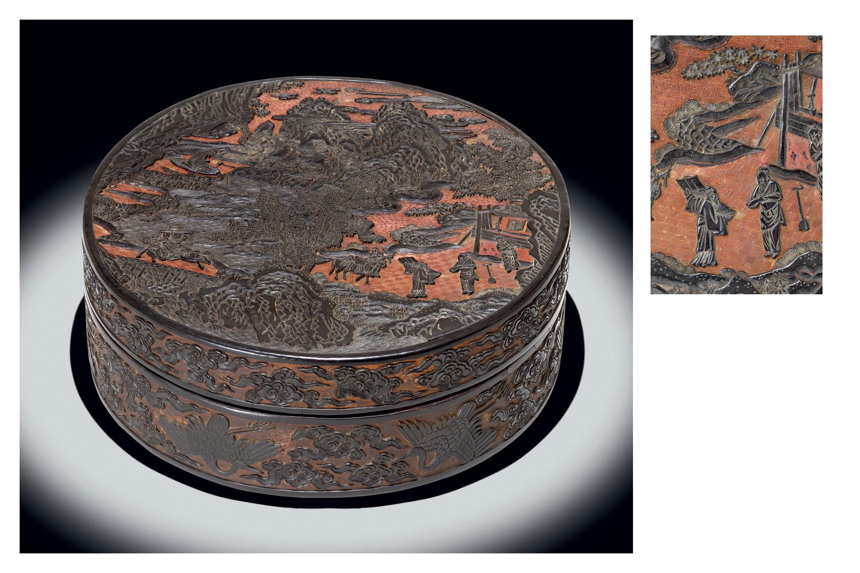 A RARE AND IMPORTANT BLACK AND RED LACQUER BOX AND COVER