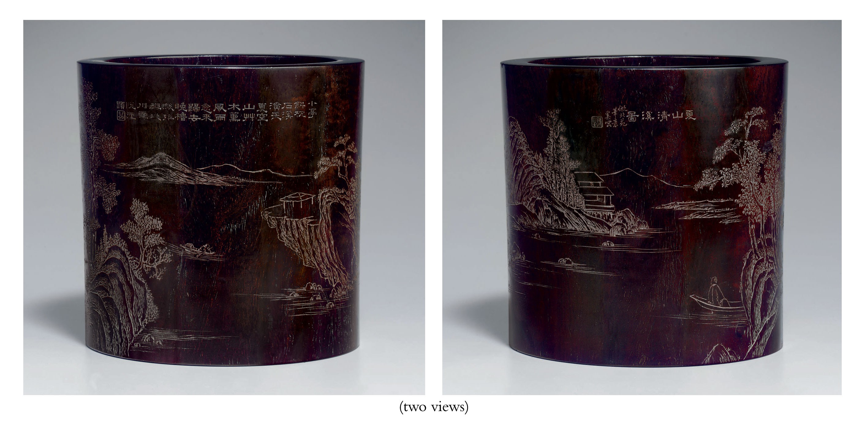 A RARE CARVED ZITAN BRUSH POT