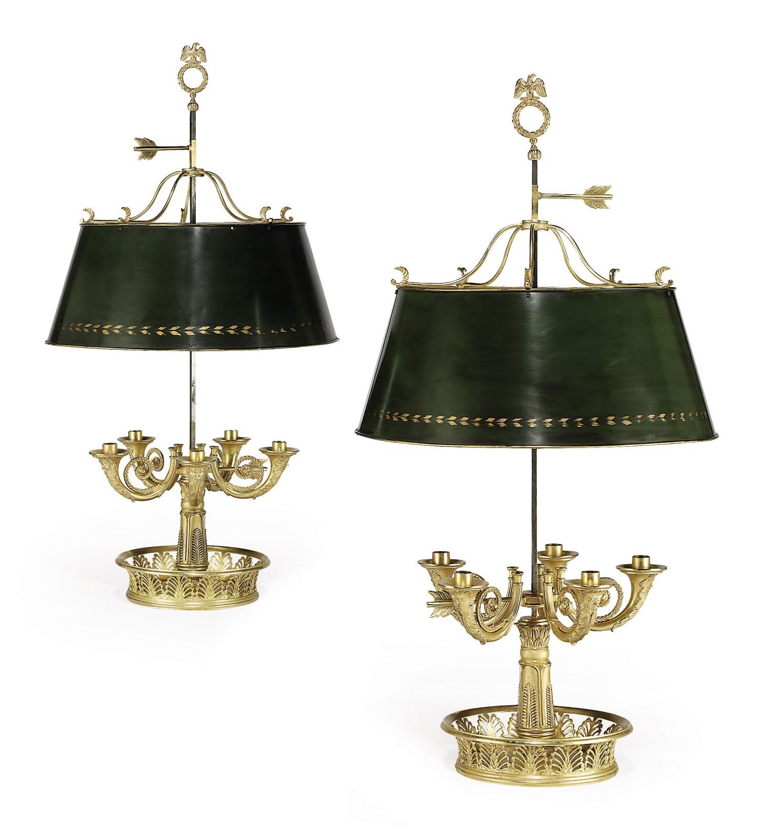 A PAIR OF FRENCH ORMOLU AND GREEN TOLE LAMPES BOUILLOTTES