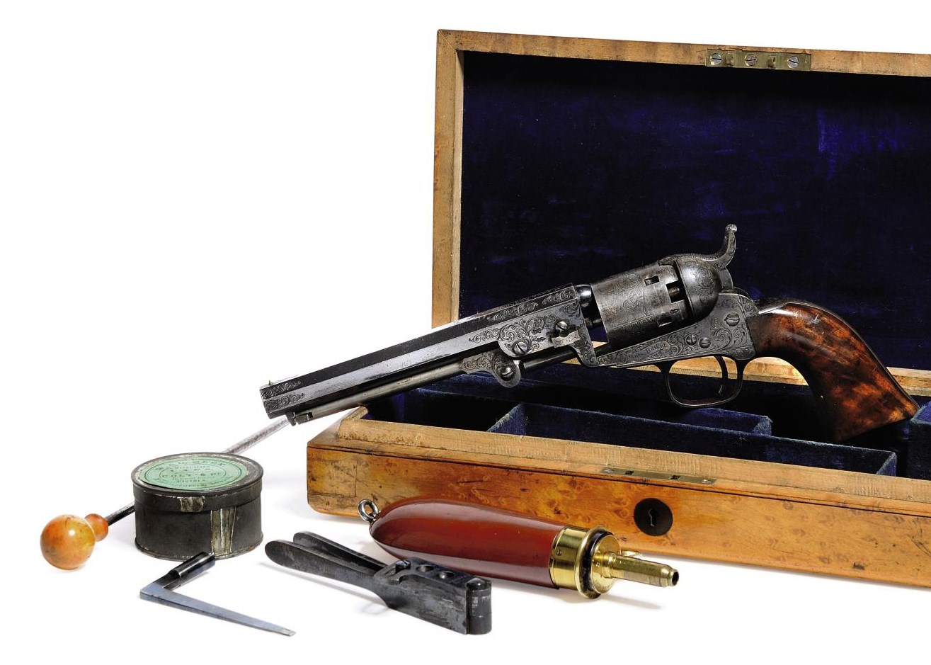 A FINE MAPLE CASED FACTORY ENGRAVED .31 'MODEL 1849' FIVE-SHOT SINGLE-ACTION PERCUSSION POCKET REVOLVER