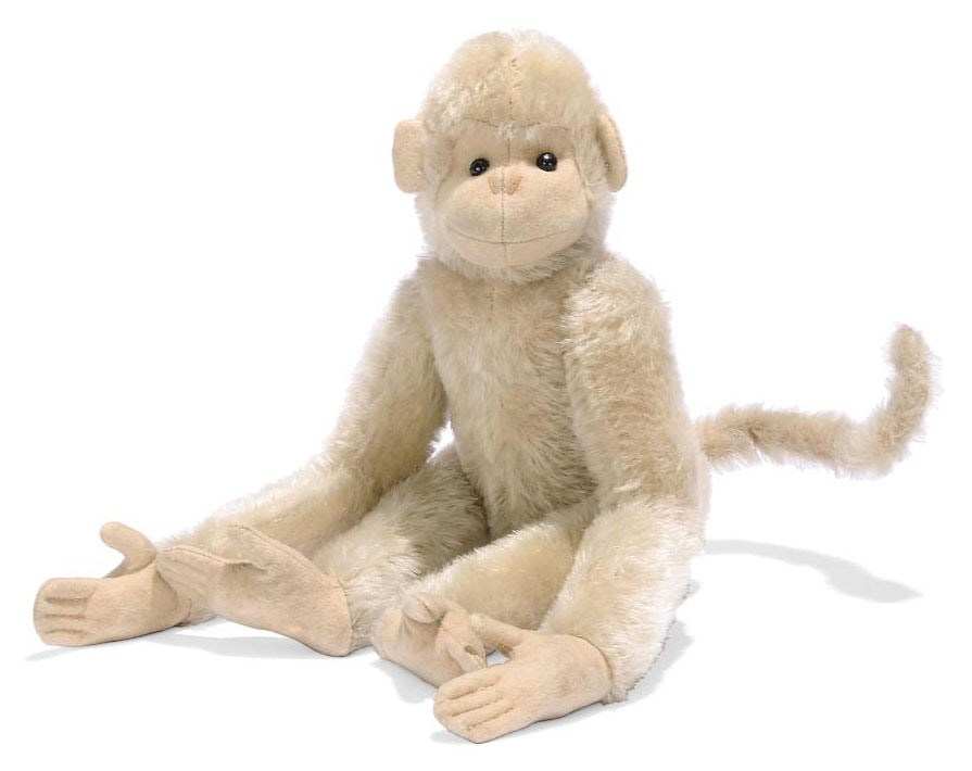 A STEIFF JOINTED MOHAIR MONKEY, (5335), white, black boot button eyes, felt face, ears, hands and feet, pink stitching, swivel head, inoperative squeaker and FF button, circa 1909 --13¼in. (33.5cm.) high (slight thinning)