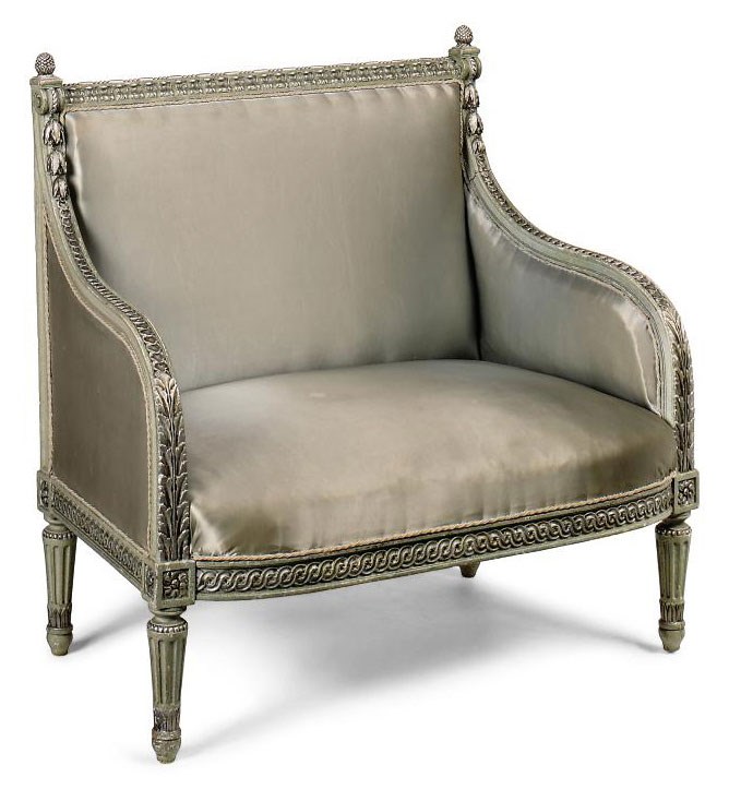 A SMALL FRENCH CARVED AND PALE GREEN PAINTED CANAPE