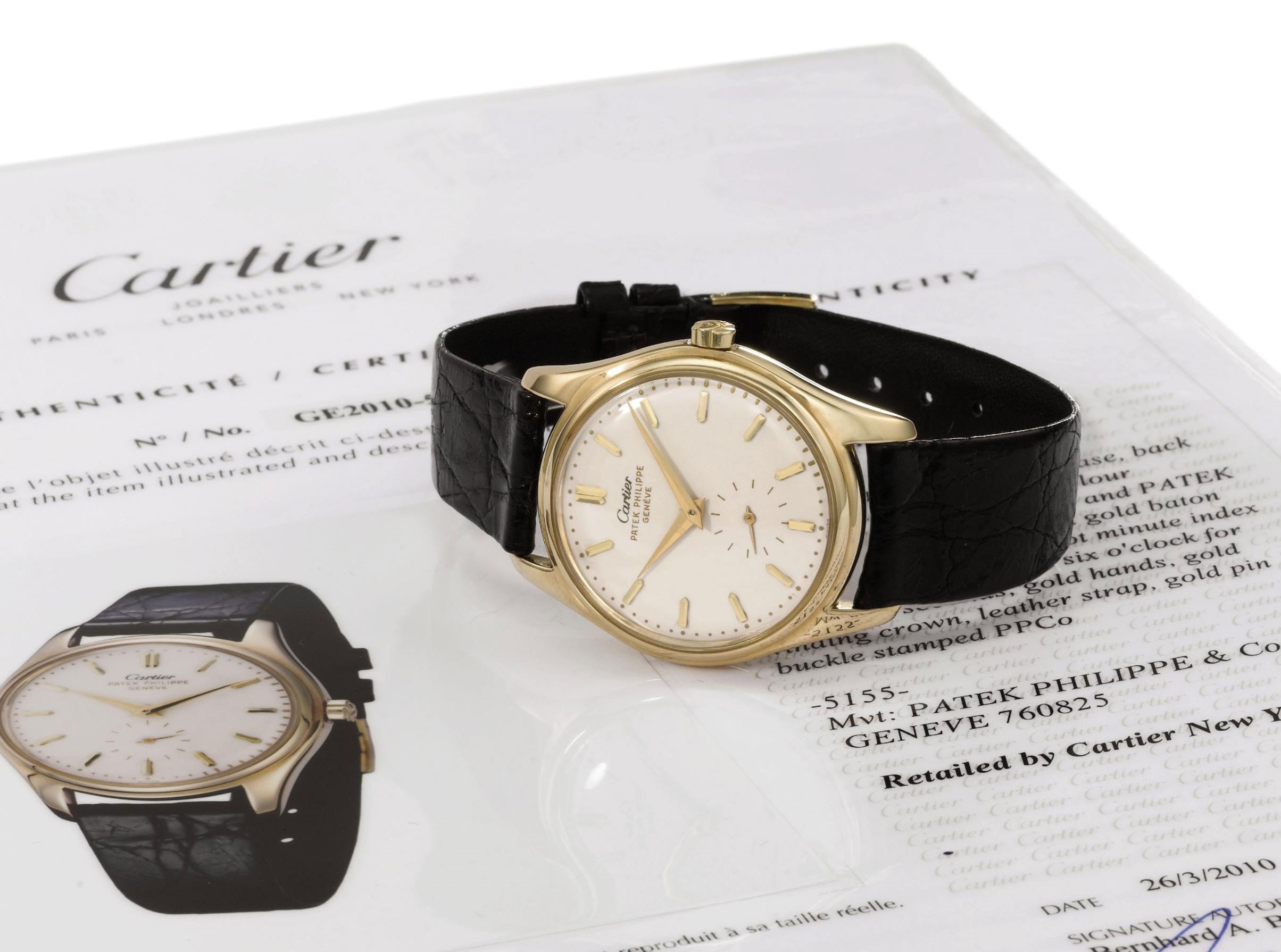 Patek Philippe. An extremely fine and rare 18K gold automatic wristwatch with enamel dial and Cartier Certificate