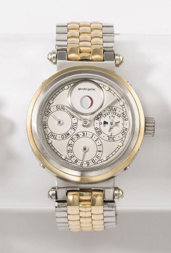 Gerald Genta. An 18K white and yellow gold perpetual calendar wristwatch with moon phases and bracelet