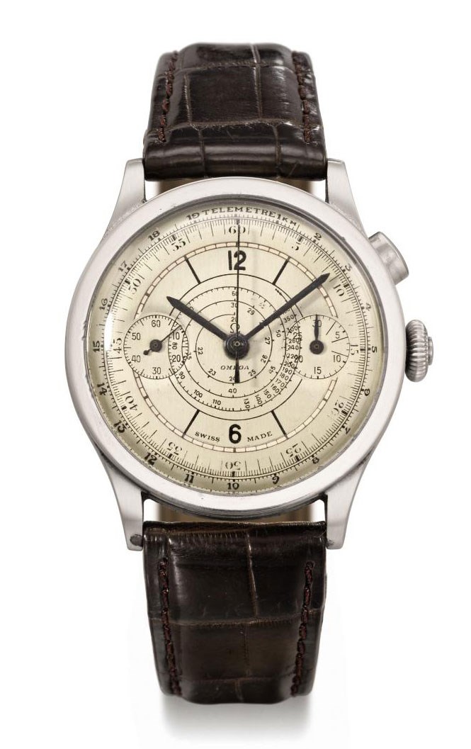 Omega. A large and rare stainless steel single button chronograph wristwatch with two-tone silvered dial