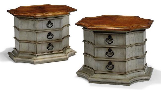 A PAIR OF CHERRY AND GREY PAINTED PEDESTAL CUPBOARDS