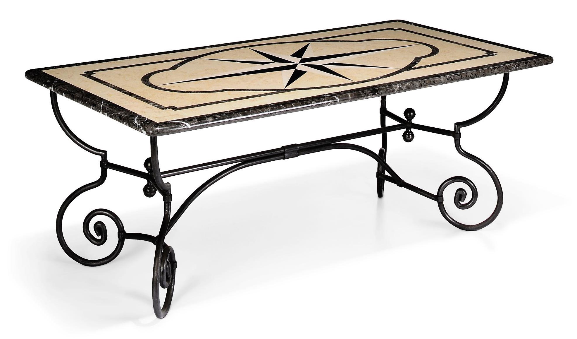 A LARGE WROUGHT IRON DINING TABLE