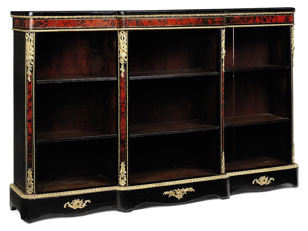 A MID-VICTORIAN EBONISED AND TORTOISESHELL MOUNTED BREAKFRONT BOOKCASE