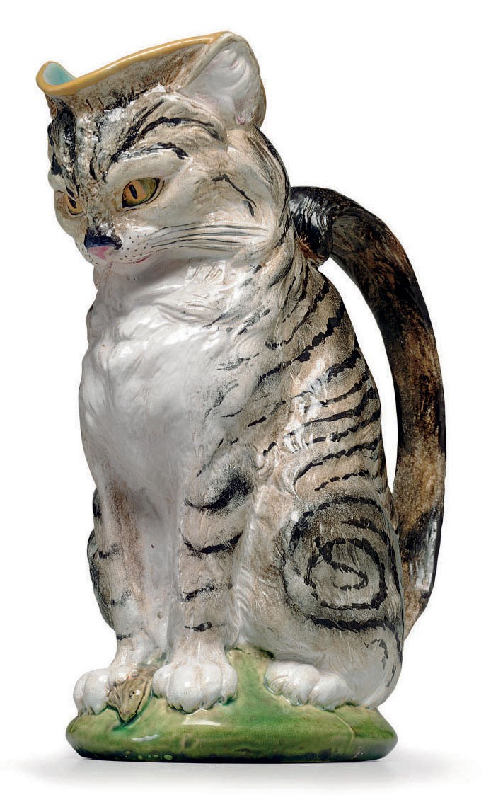 A MINTON MAJOLICA CAT AND MOUSE MILK-JUG