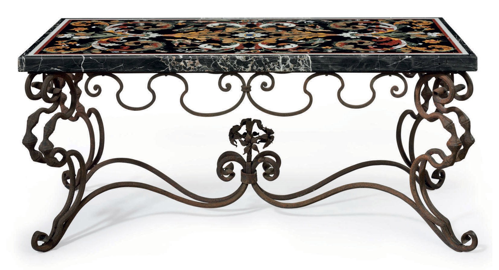 AN ITALIAN PIETRA DURA-VENEERED MARBLE TOP ON STAND