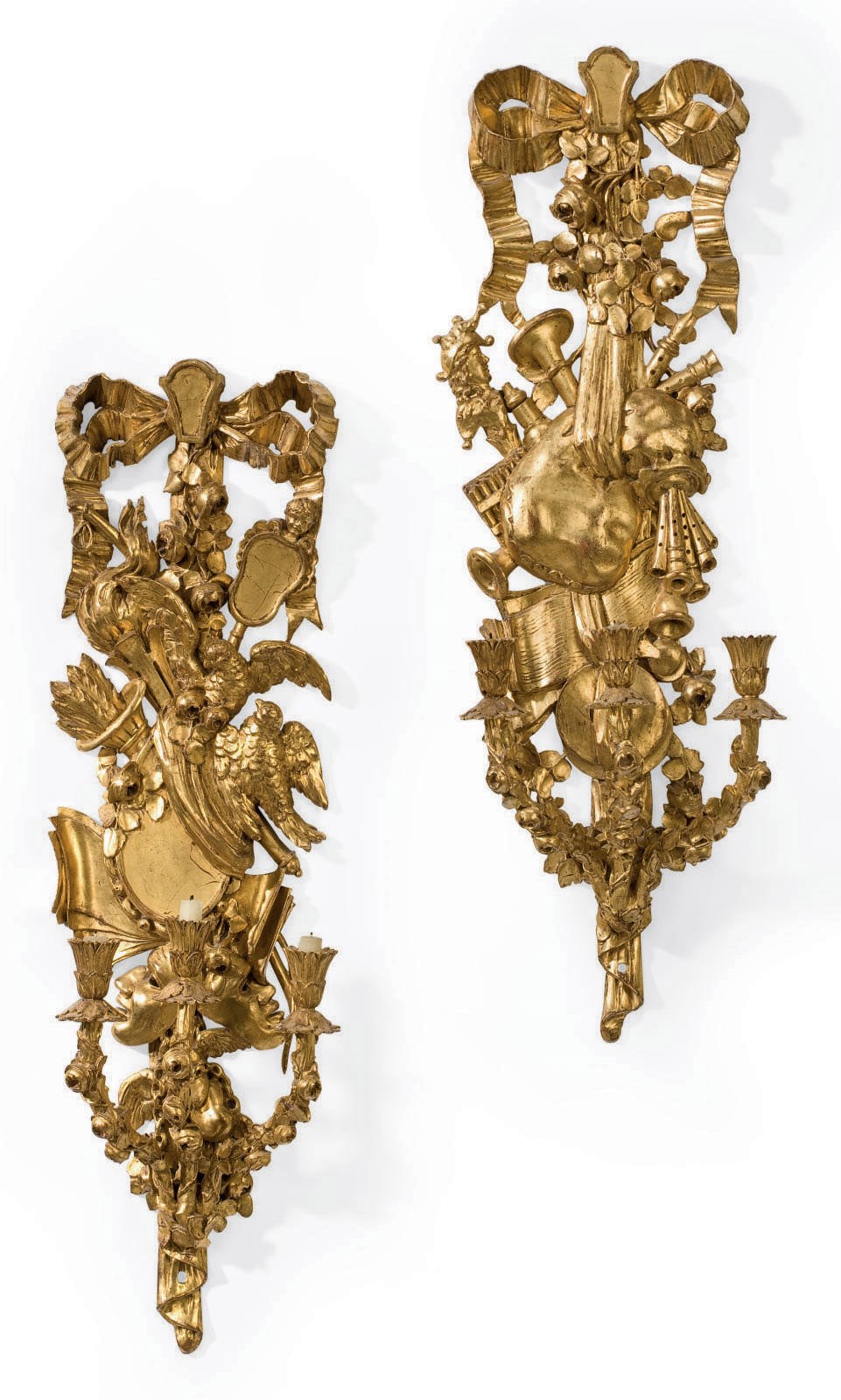 A PAIR OF ITALIAN  GILTWOOD THREE-LIGHT WALL-LIGHTS
