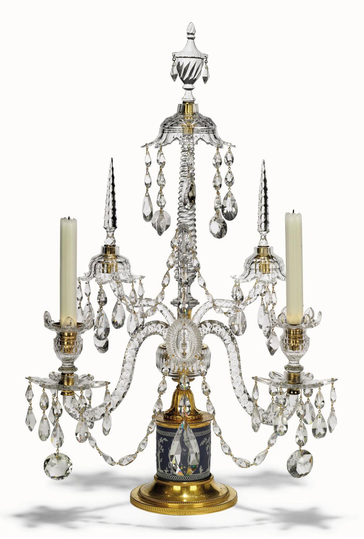 A GEORGE III ORMOLU, CUT-GLASS AND JASPERWARE PORCELAIN TWO LIGHT CANDELABRA